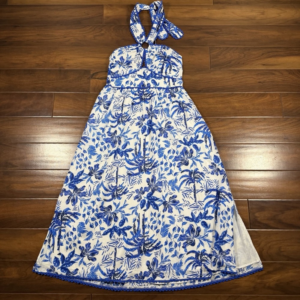 J.Marie Women's Size Medium Blue White Hayden Ric Rac Cross Halter Midi Dress